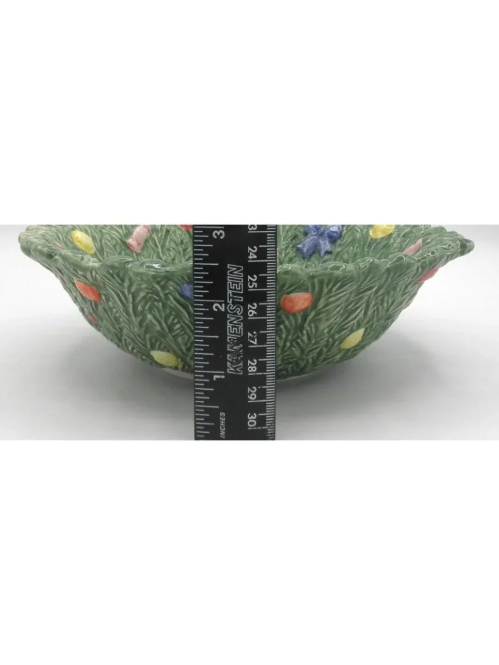 Vintage RCPC Majolica Christmas Overlapping Pine Needles Candy Bowl 8-1/4 Inches
